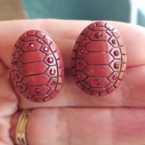 Vintage Acrylic and Red Rhinestone Turtle Shell Look Clip-on Earrings